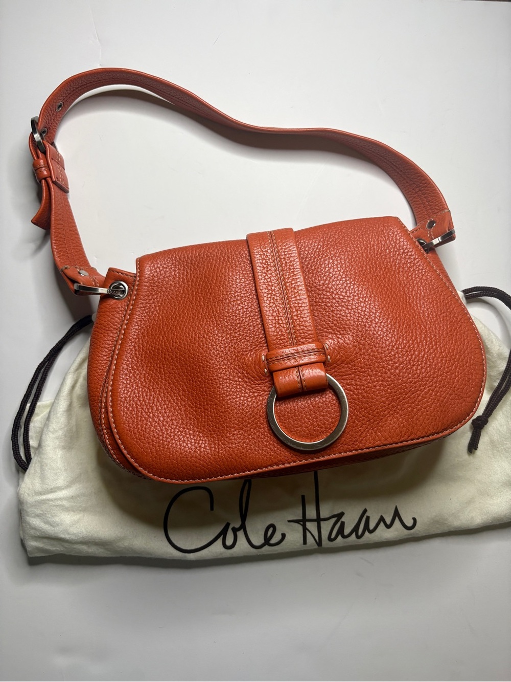 COLE HAAN ORANGE PEBBLE LEATHER FRONT FLAP SATCHEL BAG Y2K